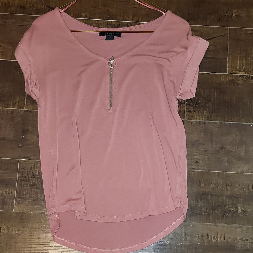 Women's Pink V-Neck Top with Zipper Detail